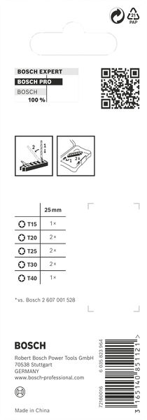 BOSCH PRO Torx Impact Bit Set, T15; T20(x2); T25(x2); T30(x2); T40, 25 mm, 8-tlg. BOSCH PRO Torx Impact Bit Set, T15; T20(x2); T25(x2); T30(x2); T40, 25 mm, 8-tlg.