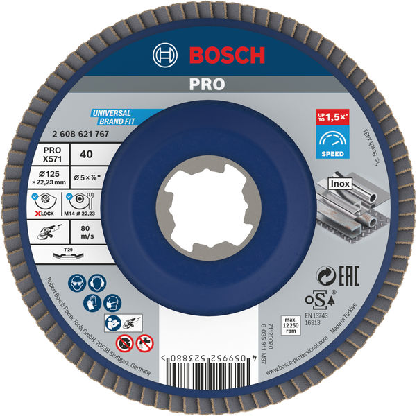 BOSCH X-LOCK Fächerschleifscheibe, gewinkelte Ausführung, Trägerteller aus Kunststoff, Ø125 mm, G 40, X571, Best for Metal, 1 Stück BOSCH X-LOCK Fächerschleifscheibe, gewinkelte Ausführung, Trägerteller aus Kunststoff, Ø125 mm, G 40, X571, Best for Metal, 1 Stück
