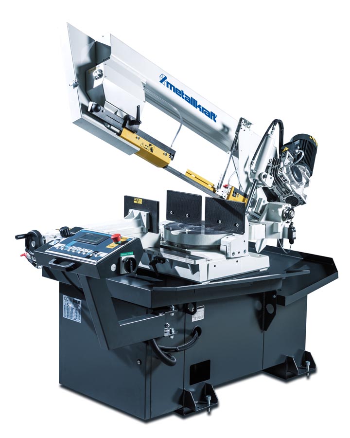 METALLKRAFT Halbautomatische Schwenkrahmen-Metallbandsäge für Gehrungungsschnitte von +60° bis -45° mit Frequenzumrichter BMBS 300 x 320 HA-DG