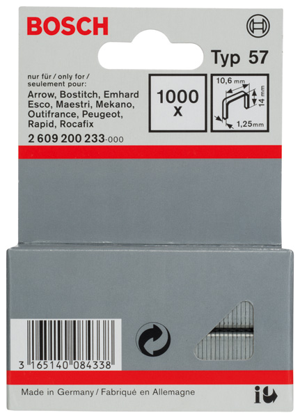 BOSCH Flachdrahtklammer Typ 57, 10,6 x 1,25 x 14 mm, 1000er-Pack BOSCH Flachdrahtklammer Typ 57, 10,6 x 1,25 x 14 mm, 1000er-Pack