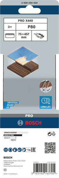 BOSCH PRO X440 Schleifband, 75 x 457 mm, G80, 3-tlg. BOSCH PRO X440 Schleifband, 75 x 457 mm, G80, 3-tlg.