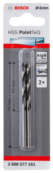 BOSCH Metallspiralbohrer HSS PointTeQ, DIN 338, 4,0 mm, 2er-Pack
