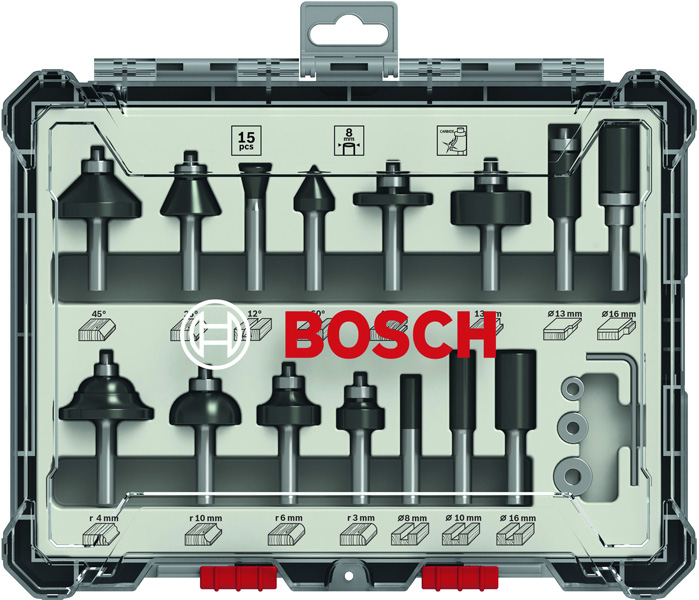 BOSCH 15-teiliges Fräser-Set, 8-mm-Schaft BOSCH 15-teiliges Fräser-Set, 8-mm-Schaft