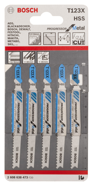 BOSCH PRO Metal thick and thin T123XF Stichsägeblatt, 100 mm, 5-tlg. BOSCH PRO Metal thick and thin T123XF Stichsägeblatt, 100 mm, 5-tlg.