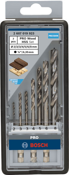 BOSCH 7-teiliges Holzspiralbohrer-Set, Robust Line, Sechskantschaft, 2–8 mm BOSCH 7-teiliges Holzspiralbohrer-Set, Robust Line, Sechskantschaft, 2–8 mm