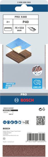 BOSCH PRO X440 Schleifband, 75 x 533 mm, G40, 3-tlg. BOSCH PRO X440 Schleifband, 75 x 533 mm, G40, 3-tlg.