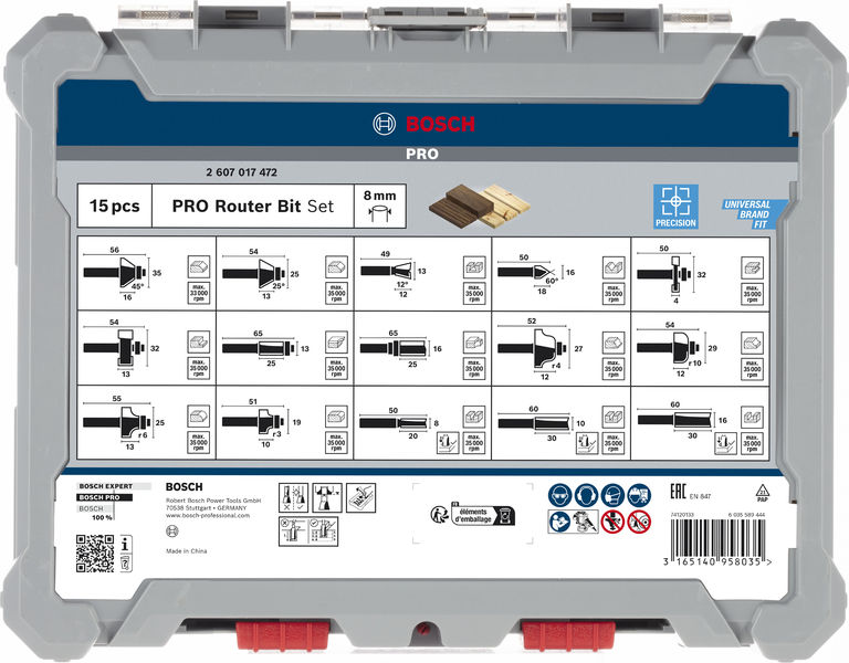 BOSCH 15-teiliges Fräser-Set, 8-mm-Schaft BOSCH 15-teiliges Fräser-Set, 8-mm-Schaft
