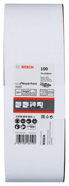 BOSCH Schleifband-Set X440 Best for Wood and Paint, 10-teilig, 75 x 533 mm, K100 BOSCH Schleifband-Set X440 Best for Wood and Paint, 10-teilig, 75 x 533 mm, K100