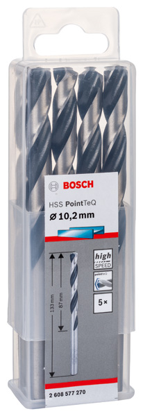 BOSCH Metallspiralbohrer HSS PointTeQ, DIN 338, 10,2 mm, 5er-Pack