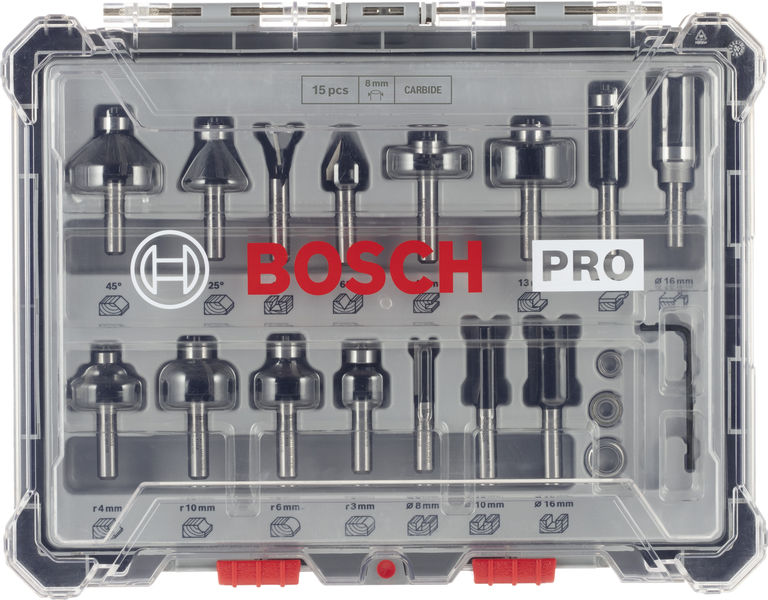 BOSCH 15-teiliges Fräser-Set, 8-mm-Schaft BOSCH 15-teiliges Fräser-Set, 8-mm-Schaft