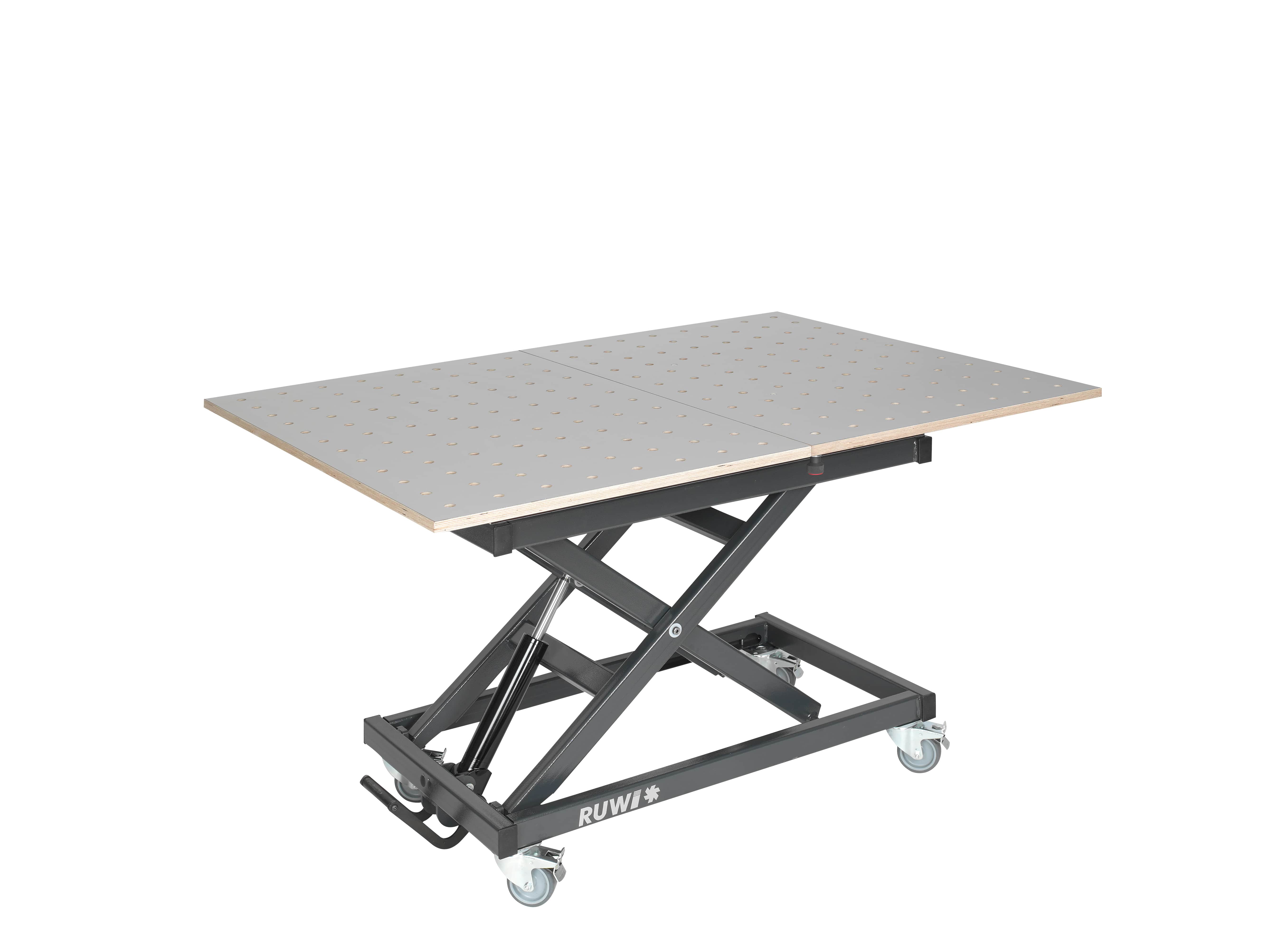 RUWI Hubtisch Premium HPL Schwenk-Lochrasterplatte mit seitl. Profil zur Werkstückfixierung (1x 56 cm ) und Schubkasten und Stauraum RUWI Hubtisch Premium HPL Schwenk-Lochrasterplatte mit seitl. Profil zur Werkstückfixierung (1x 56 cm ) und Schubkasten und Stauraum