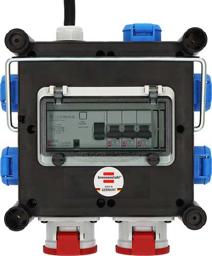 BRENNENSTUHL Brennenstuhl Kompakter Gummi-Stromverteiler mit zertifiziertem Sicherungsautomaten (2m Kabel, 2x CEE 400V/16A, 5x 230V/16A, ständiger Einsatz im Freien, mit FI-Schalter, Made in Germany)