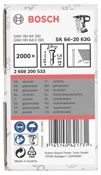 BOSCH Senkkopf-Stift SK64 20G 63mm, verzinkt BOSCH Senkkopf-Stift SK64 20G 63mm, verzinkt