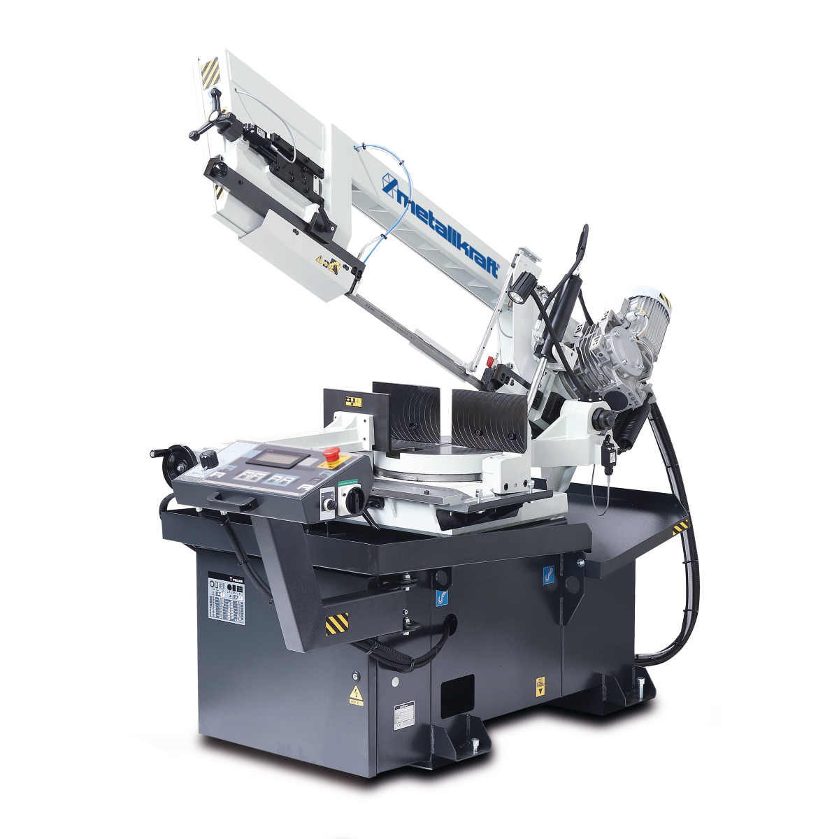 METALLKRAFT Halbautomatische Schwenkrahmen-Metallbandsäge für Gehrungungsschnitte von +60° bis -45° mit Frequenzumrichter BMBS 300 x 320 HA-DG