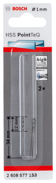 BOSCH Metallspiralbohrer HSS PointTeQ, DIN 338, 1,0 mm, 2er-Pack