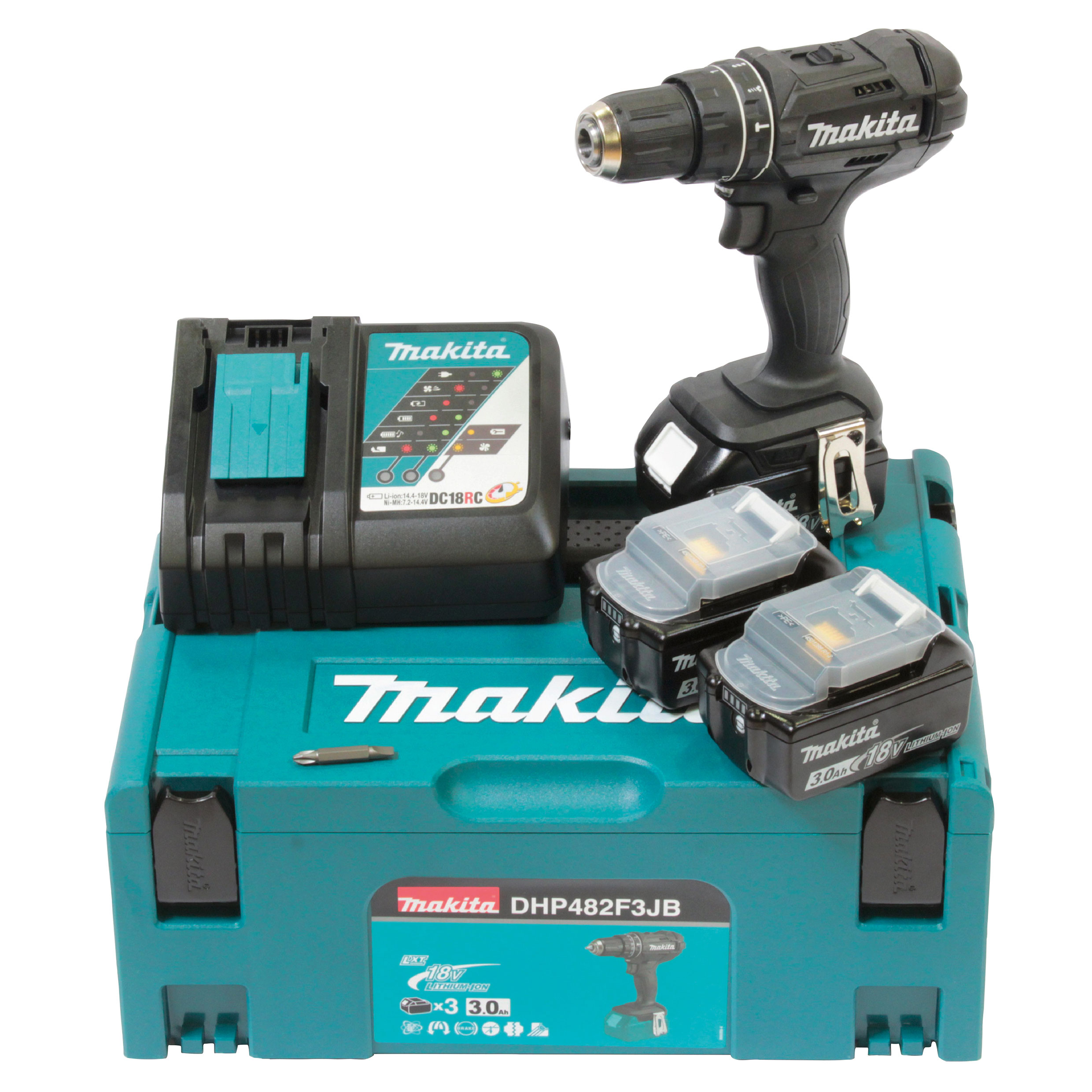 MAKITA Akku-Schlagbohrschrauber 18V DHP482F3JB / 3,0 Ah, 3 Akkus + Ladegerät im MAKPAC