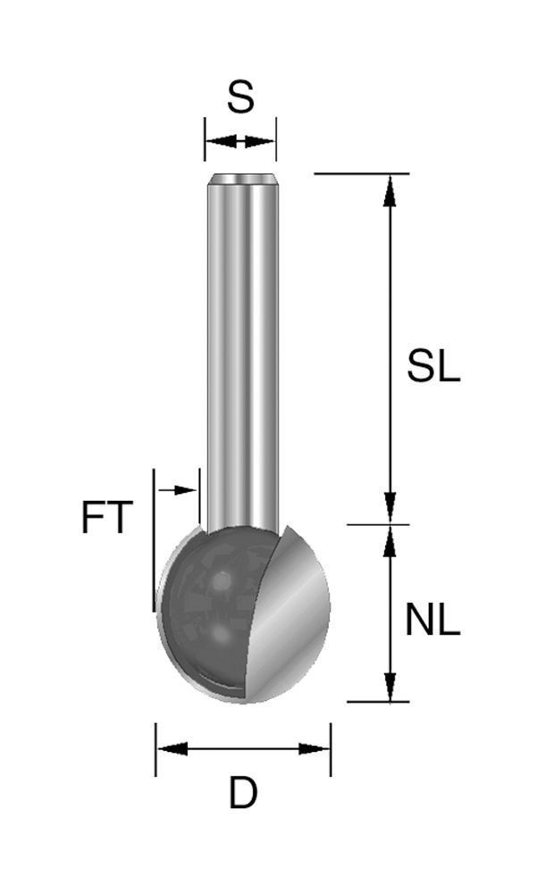 Brück HW-Kugelfräser Typ 243 Z2 D= 19,05 mm, NL=18,2 mm S= 8 x 32 mm FT= 9,5 mm