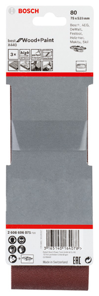 BOSCH PRO X440 Schleifband, 75 x 533 mm, 80, 3-tlg. BOSCH PRO X440 Schleifband, 75 x 533 mm, 80, 3-tlg.