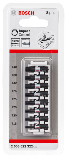 BOSCH PRO Torx Impact Bit Set, T15; T20(x2); T25(x2); T30(x2); T40, 25 mm, 8-tlg. BOSCH PRO Torx Impact Bit Set, T15; T20(x2); T25(x2); T30(x2); T40, 25 mm, 8-tlg.