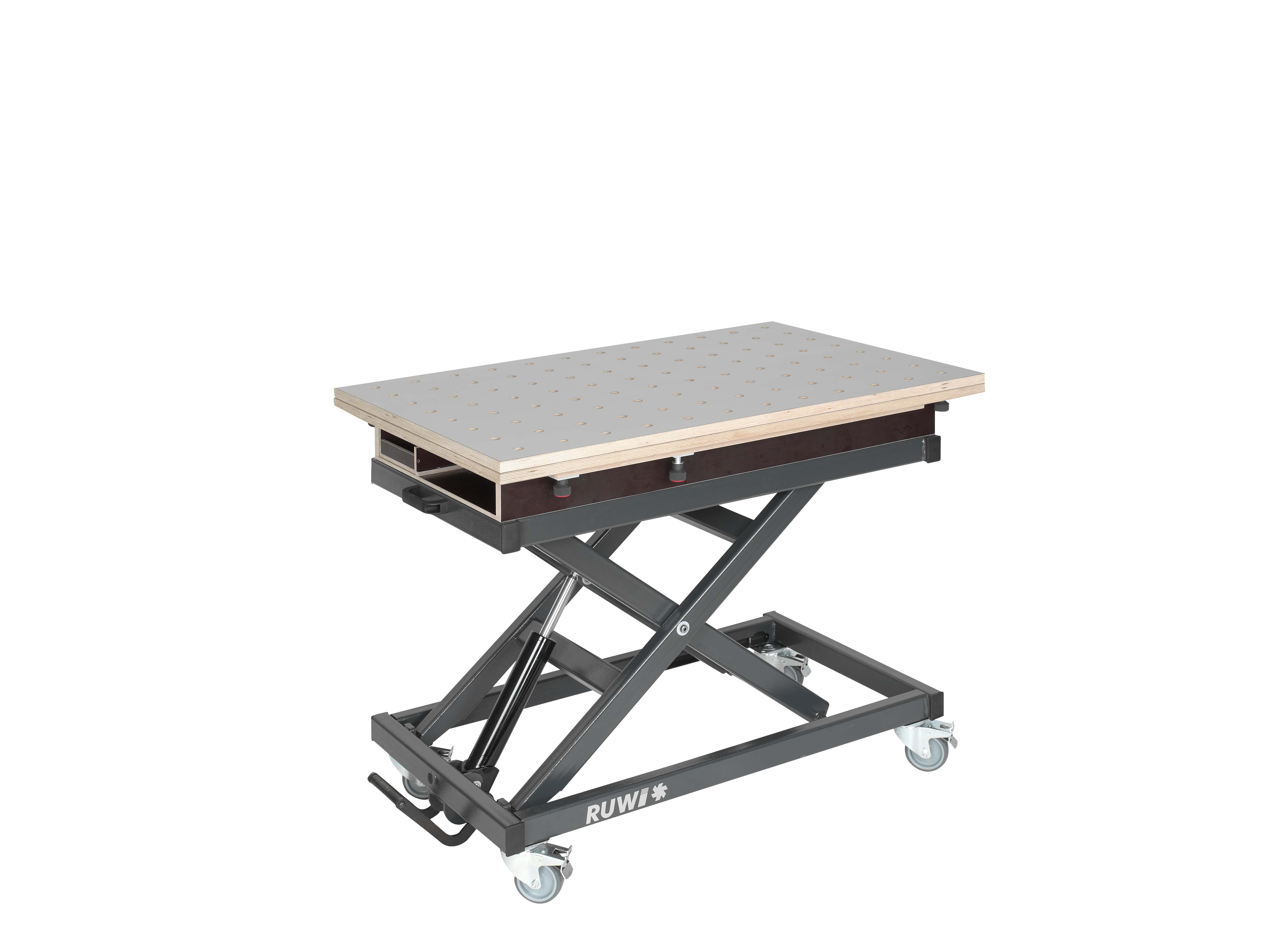 RUWI Hubtisch Premium HPL Schwenk-Lochrasterplatte mit seitl. Profil zur Werkstückfixierung (1x 56 cm ) und Schubkasten und Stauraum RUWI Hubtisch Premium HPL Schwenk-Lochrasterplatte mit seitl. Profil zur Werkstückfixierung (1x 56 cm ) und Schubkasten und Stauraum