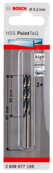 BOSCH Metallspiralbohrer HSS PointTeQ, DIN 338, 3,2 mm, 2er-Pack