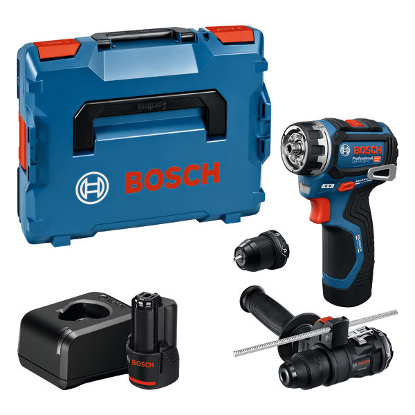 BOSCH Akku-Bohrschrauber GSR 12V-32 FC, 2x GBA 12V 2.0Ah, Aufs., Zusatzhandg., Tiefenan.,L-BOXX