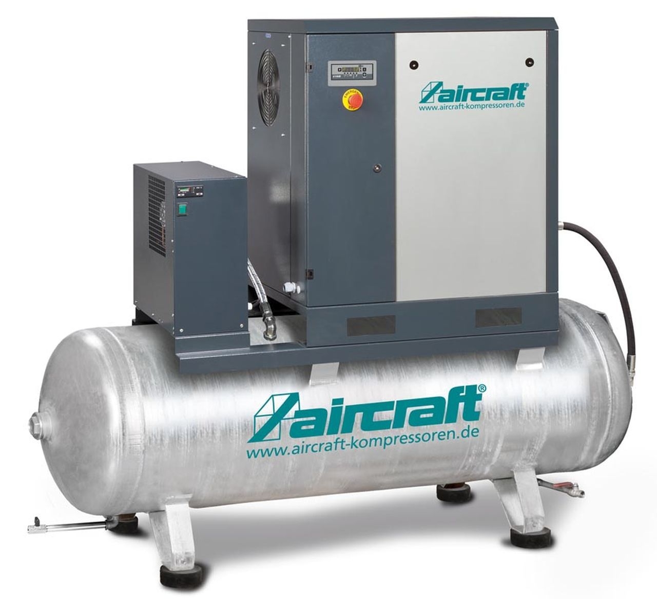 AIRCRAFT Schraubenkompressor mit Rippenbandriemenantrieb auf Behälter mit angebautem Kältetrockner A-PLUS 15-10-500 K