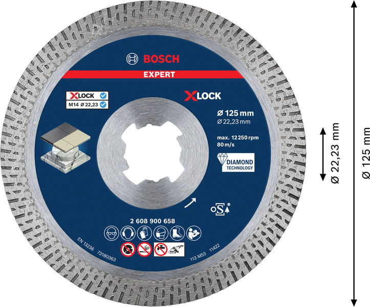 BOSCH EXPERT HardCeramic X-LOCK Diamanttrennscheibe, 125 x 22.23 x 1.4 x 10 mm BOSCH EXPERT HardCeramic X-LOCK Diamanttrennscheibe, 125 x 22.23 x 1.4 x 10 mm