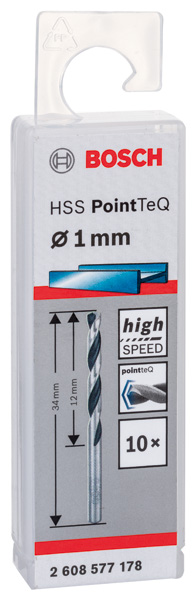 BOSCH Metallspiralbohrer HSS PointTeQ, DIN 338, 1,0 mm, 10er-Pack