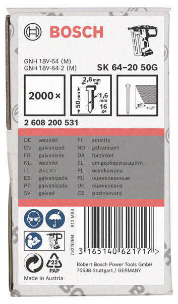 BOSCH Senkkopf-Stift SK64 20G 50mm, verzinkt BOSCH Senkkopf-Stift SK64 20G 50mm, verzinkt