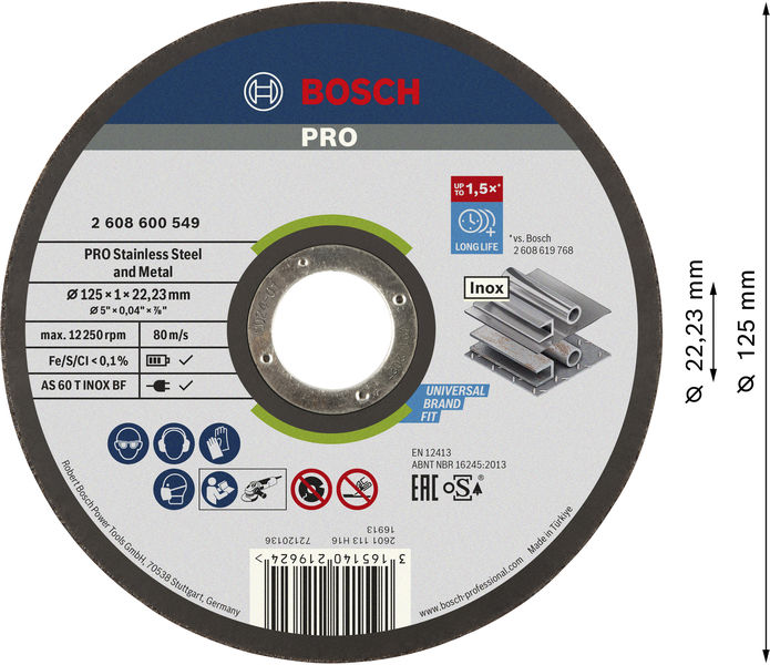 BOSCH PRO Stainless Steel and Metal Trennscheibe, 125 x 1 x 22,23 mm BOSCH PRO Stainless Steel and Metal Trennscheibe, 125 x 1 x 22,23 mm