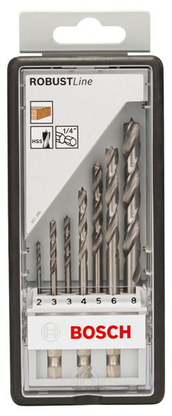 BOSCH 7-teiliges Holzspiralbohrer-Set, Robust Line, Sechskantschaft, 2–8 mm BOSCH 7-teiliges Holzspiralbohrer-Set, Robust Line, Sechskantschaft, 2–8 mm