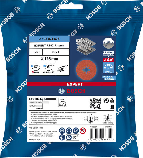Bosch EXPERT R782 Prisma Ceramic Fiberscheibe, X-LOCK, 125 mm, 22,23 mm, G 36, 5-tlg. Bosch EXPERT R782 Prisma Ceramic Fiberscheibe, X-LOCK, 125 mm, 22,23 mm, G 36, 5-tlg.