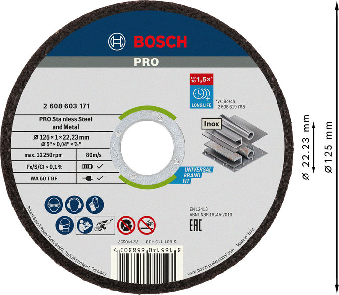 BOSCH PRO Stainless Steel and Metal Trennscheibe, 125 x 1 x 22,23 mm, gerade, 100 Stk. BOSCH PRO Stainless Steel and Metal Trennscheibe, 125 x 1 x 22,23 mm, gerade, 100 Stk.