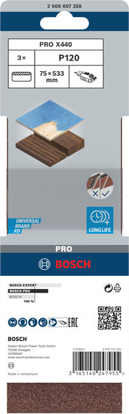 BOSCH PRO X440 Schleifband, 75 x 533 mm, 120, 3-tlg. BOSCH PRO X440 Schleifband, 75 x 533 mm, 120, 3-tlg.