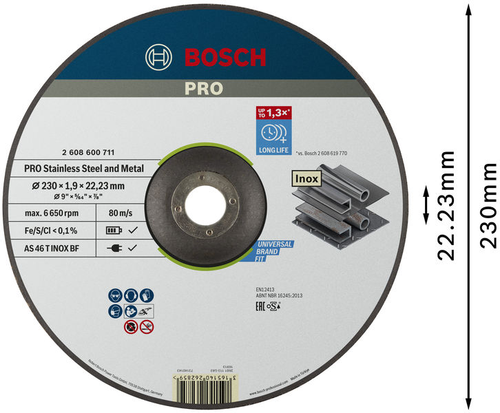 BOSCH PRO Stainless Steel and Metal Trennscheibe, 230 x 1.9 x 22.23 mm, gekröpft, oSa BOSCH PRO Stainless Steel and Metal Trennscheibe, 230 x 1.9 x 22.23 mm, gekröpft, oSa