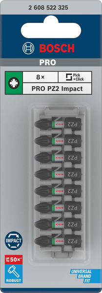 BOSCH PRO Pozidriv Impact Bit, PZ2, 25 mm, 8-tlg. BOSCH PRO Pozidriv Impact Bit, PZ2, 25 mm, 8-tlg.