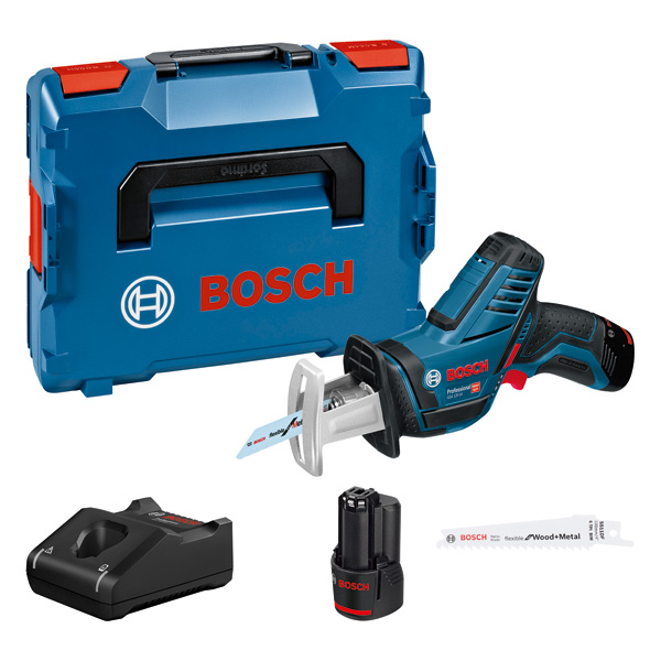 BOSCH Akku-Säbelsäge GSA 12V-14 + 2× GBA 12 3.0Ah, GAL 12V-40 in L-BOXX