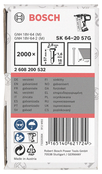BOSCH Senkkopf-Stift SK64 20G 57mm, verzinkt BOSCH Senkkopf-Stift SK64 20G 57mm, verzinkt