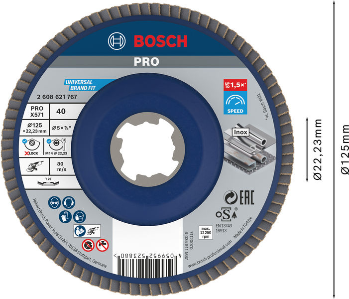 BOSCH X-LOCK Fächerschleifscheibe, gewinkelte Ausführung, Trägerteller aus Kunststoff, Ø125 mm, G 40, X571, Best for Metal, 1 Stück BOSCH X-LOCK Fächerschleifscheibe, gewinkelte Ausführung, Trägerteller aus Kunststoff, Ø125 mm, G 40, X571, Best for Metal, 1 Stück