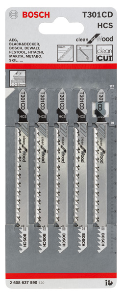 BOSCH Stichsägeblatt T 301 CD Clean for Wood, 5er-Pack BOSCH Stichsägeblatt T 301 CD Clean for Wood, 5er-Pack