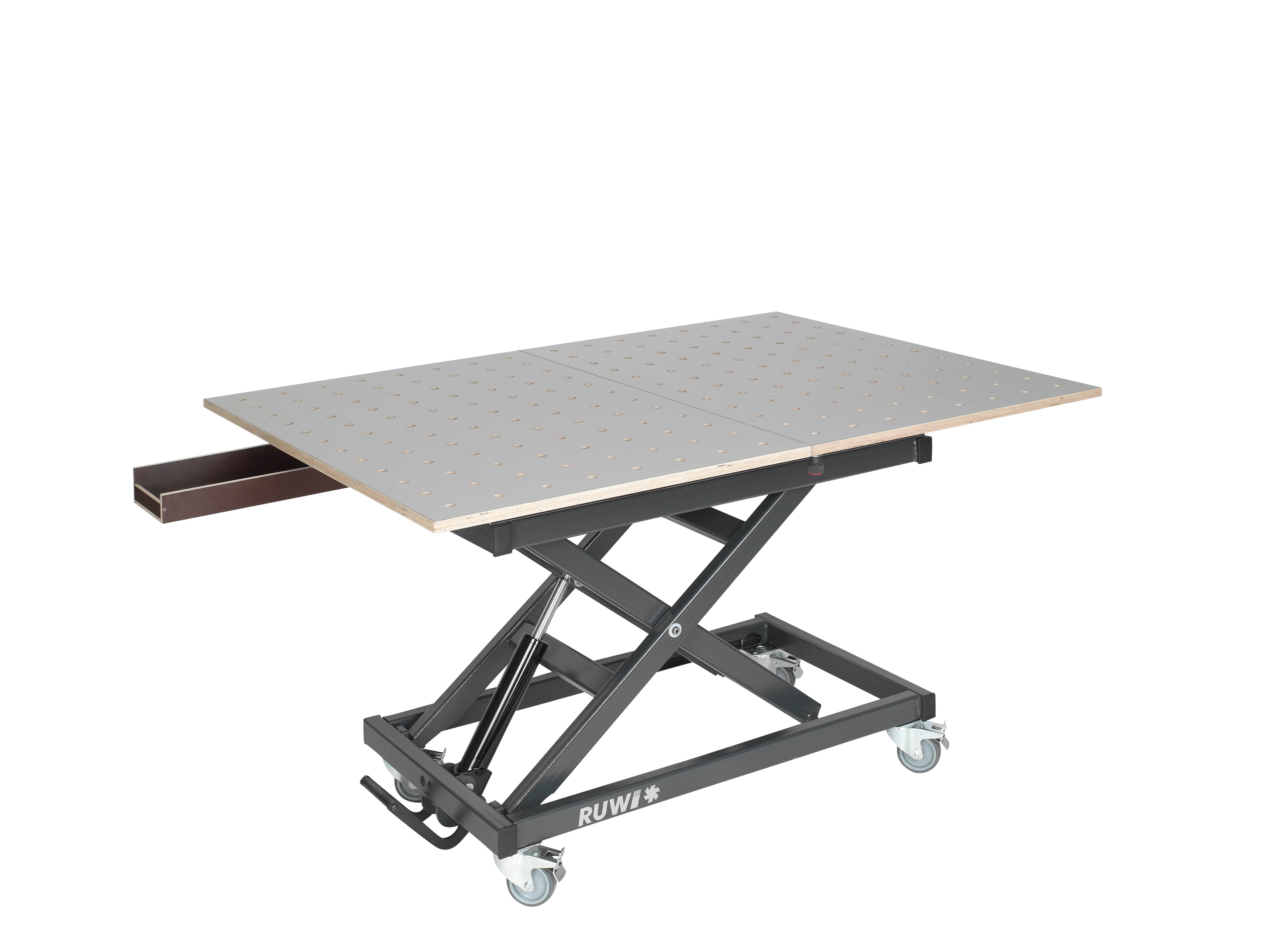RUWI Hubtisch Premium HPL Schwenk-Lochrasterplatte mit seitl. Profil zur Werkstückfixierung (1x 56 cm ) und Schubkasten und Stauraum RUWI Hubtisch Premium HPL Schwenk-Lochrasterplatte mit seitl. Profil zur Werkstückfixierung (1x 56 cm ) und Schubkasten und Stauraum