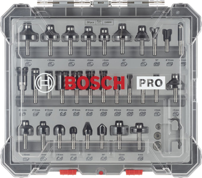 BOSCH 30 tlg Mixed Fräser Set 8mm Schaft BOSCH 30 tlg Mixed Fräser Set 8mm Schaft