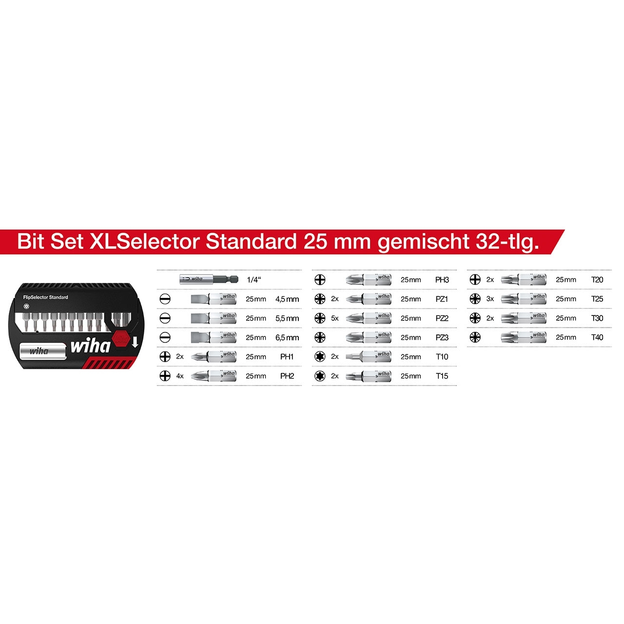 WIHA Bit-Set XLSelector Standard 25mm, gemischt 32-tlg. 1/4" WIHA Bit-Set XLSelector Standard 25mm, gemischt 32-tlg. 1/4"