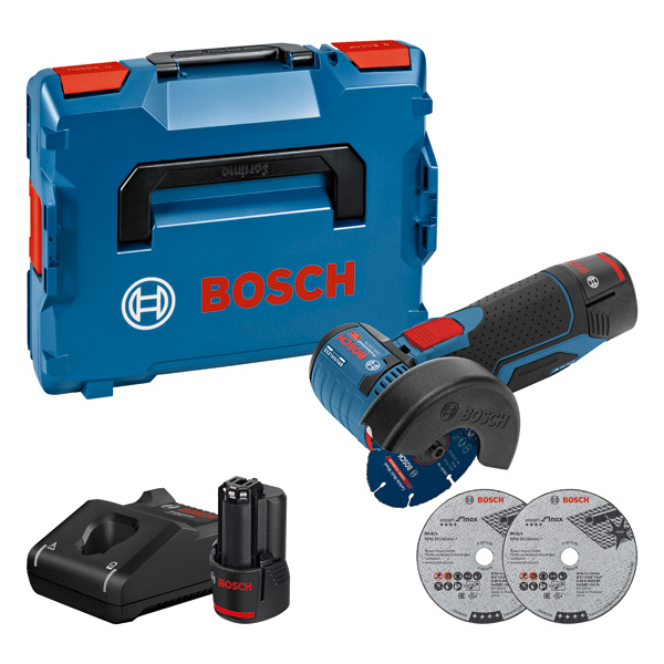 BOSCH Akku-Winkelschleifer GWS 12V-76, 2 x Akku GBA 12V 3.0Ah in L-BOXX