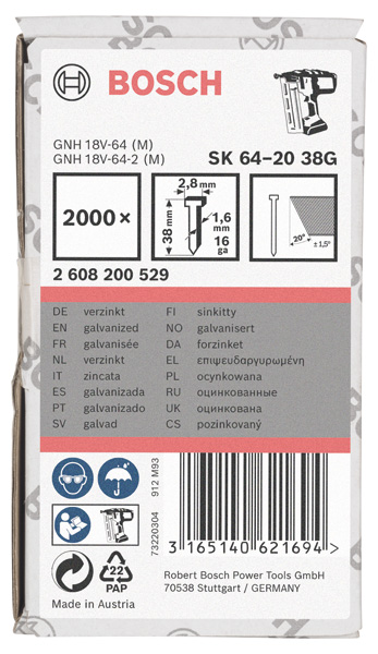 BOSCH Senkkopf-Stift SK64 20G 38mm, verzinkt BOSCH Senkkopf-Stift SK64 20G 38mm, verzinkt