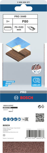 BOSCH PRO X440 Schleifband, 75 x 533 mm, 80, 3-tlg. BOSCH PRO X440 Schleifband, 75 x 533 mm, 80, 3-tlg.