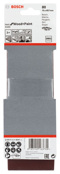 BOSCH PRO X440 Schleifband, 75 x 457 mm, G80, 3-tlg. BOSCH PRO X440 Schleifband, 75 x 457 mm, G80, 3-tlg.