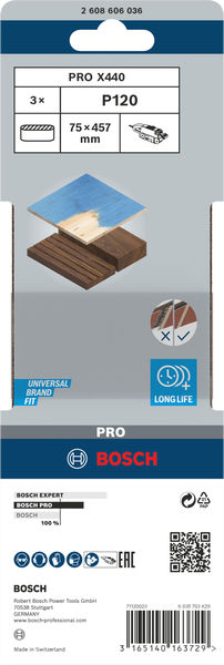 BOSCH PRO X440 Schleifband, 75 x 457 mm, G120, 3-tlg. BOSCH PRO X440 Schleifband, 75 x 457 mm, G120, 3-tlg.