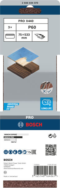 BOSCH PRO X440 Schleifband, 75 x 533 mm, 60, 3-tlg. BOSCH PRO X440 Schleifband, 75 x 533 mm, 60, 3-tlg.
